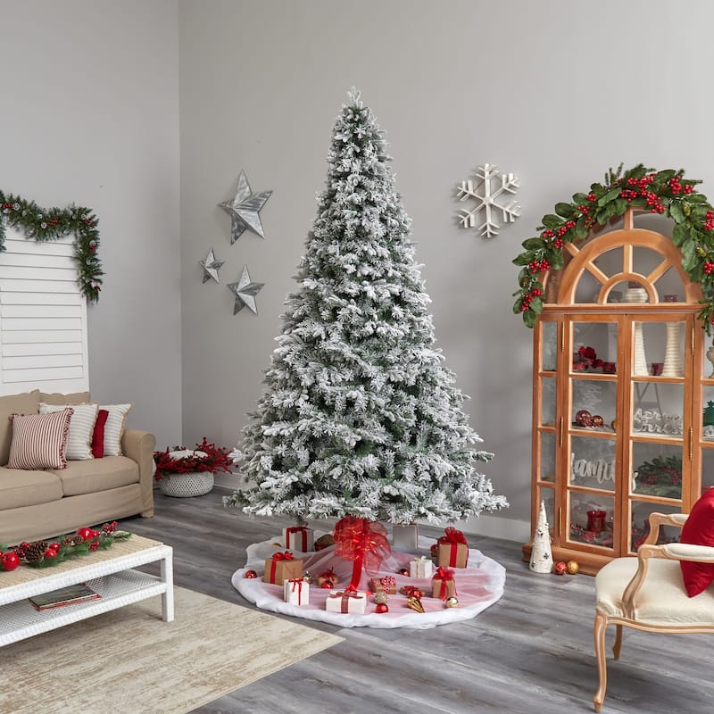10ft Flocked Christmas Tree with Lights, Realistic Artificial Pine Tree, Holiday Decor, Winter Forest Tree - Green - 120
