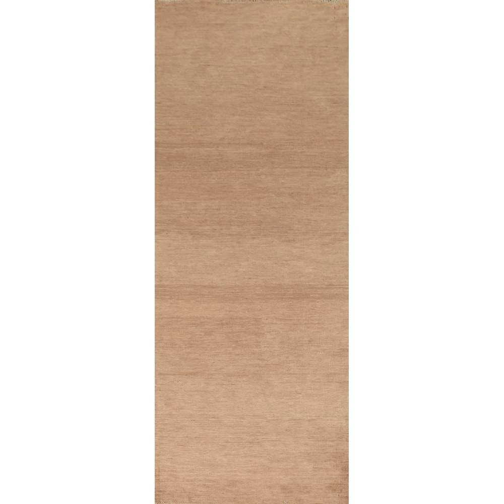 Gabbeh Modern Runner Rug Handmade Solid Brown Wool Carpet - 3'0"x 10'1"