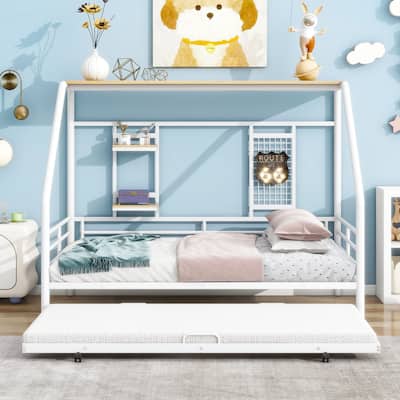 Full Size Metal House Bed with Trundle