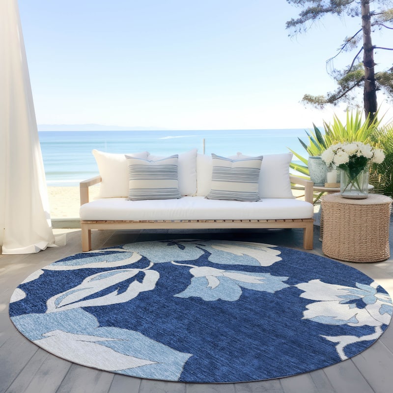 Machine Washable Indoor/ Outdoor Chantille Floral Rug - Navy - 8' x 8'