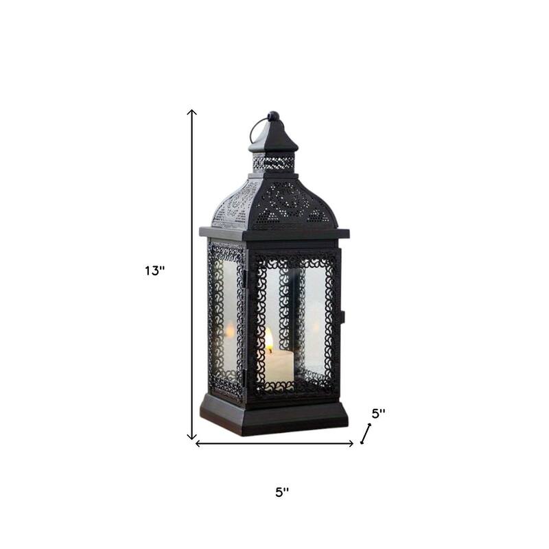 13" Clear And Black Glass And Metal Tabletop Lantern Candle Holder