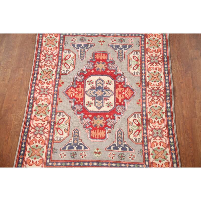 Geometric Kazak Rug Hand-Knotted Grey Wool Carpet - 3'3"x 4'10"
