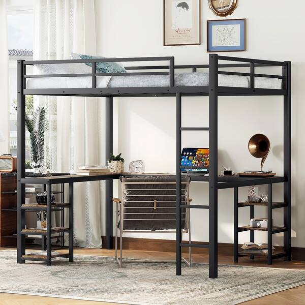 slide 2 of 13, Black+Brown Full Size Metal Size Loft Bed with Desk and Shelves, Loft Bed with Ladder and Guardrails Full - Black+Brown