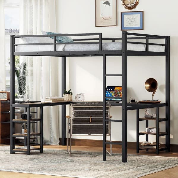 slide 2 of 13, Full Metal Loft Bed with Desk and Shelves, Black