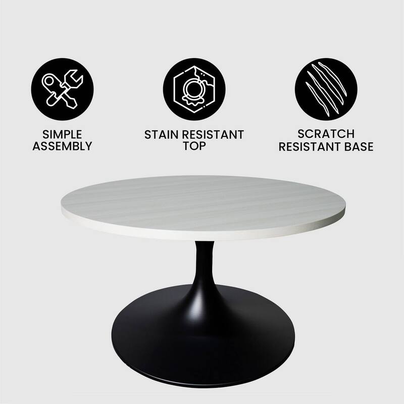 LeisureMod Verve 27" Round Coffee Table with MDF Wood TableTop and Black Steel Base for Living & Bedroom