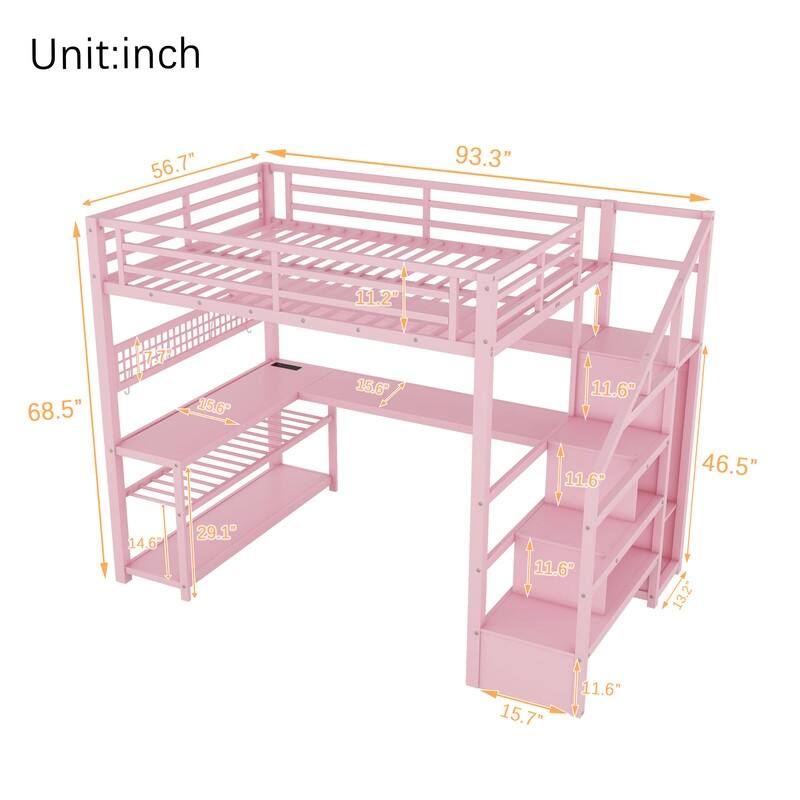Full Size Metal Loft Bed with Staircase and Wardrobe, Desk and Shelves, LED Lights and Charge Station