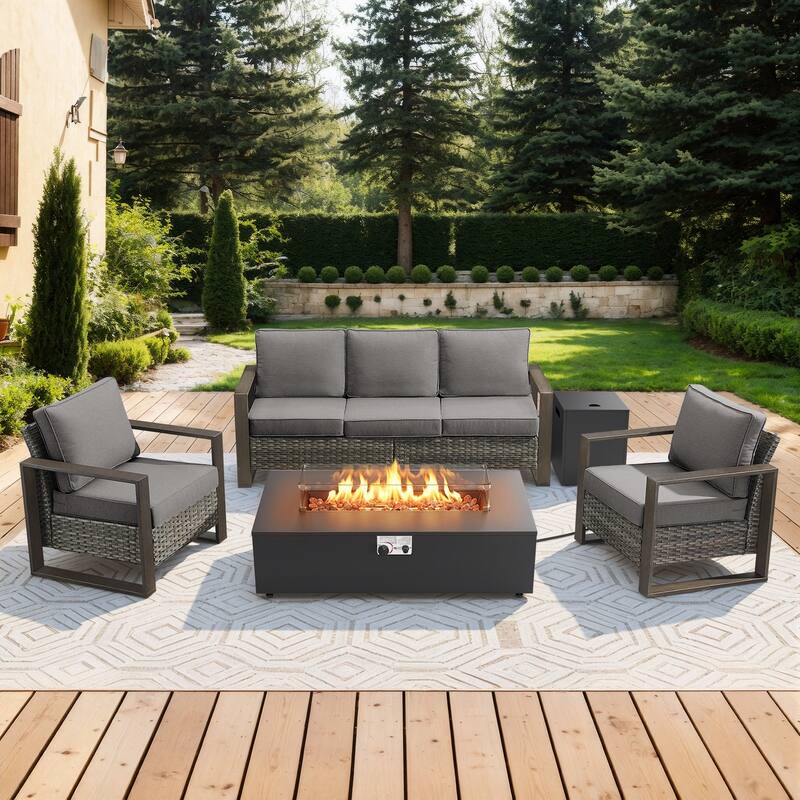 Meyreso Wicker Patio Conversation Set with Metal Fire Pit Table & 4.5-Inch Olefin Cushions
