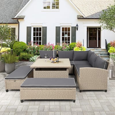 6-Piece Patio Set Outdoor Wicker Rattan Sectional Sofa with Table and Benches