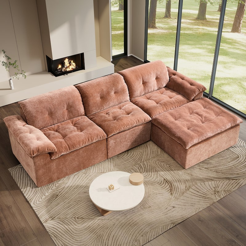 Rossetta L-Shaped Modular Chenille Cushioned Extreme Comfort Sofa with Detachable Backrest and Armrests, 1 Removable Ottoman