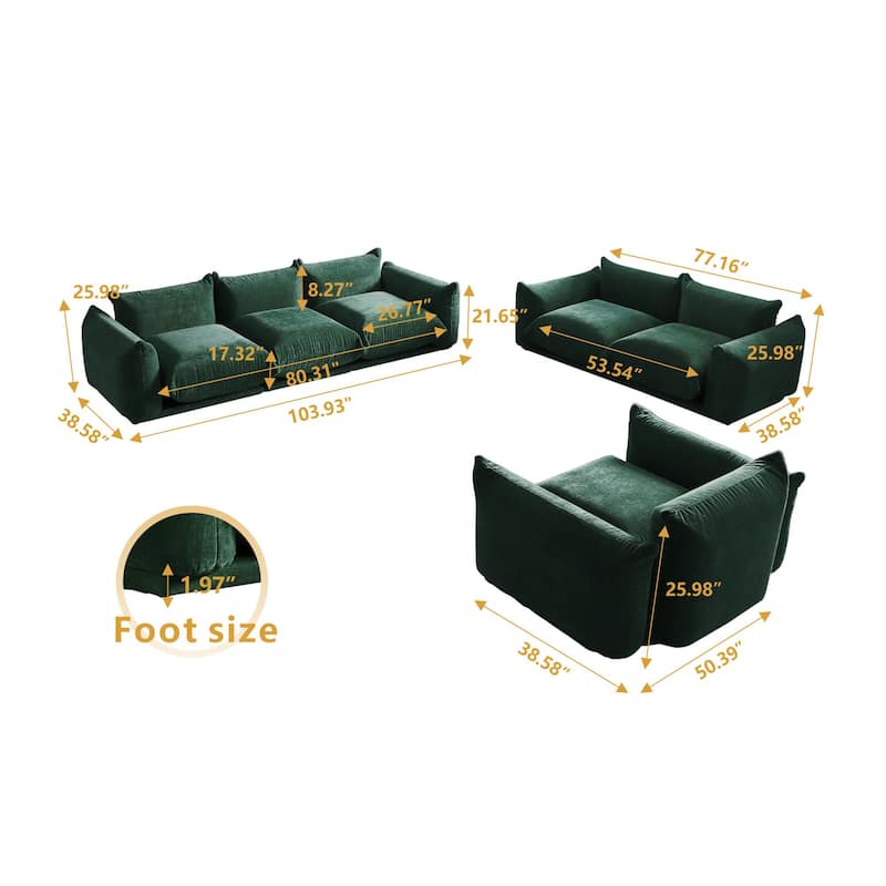 Modern Chenille Upholstery 3 Pieces Sofa Sets for Living Room Include Armchair, Loveseat and Three Seaters Couch