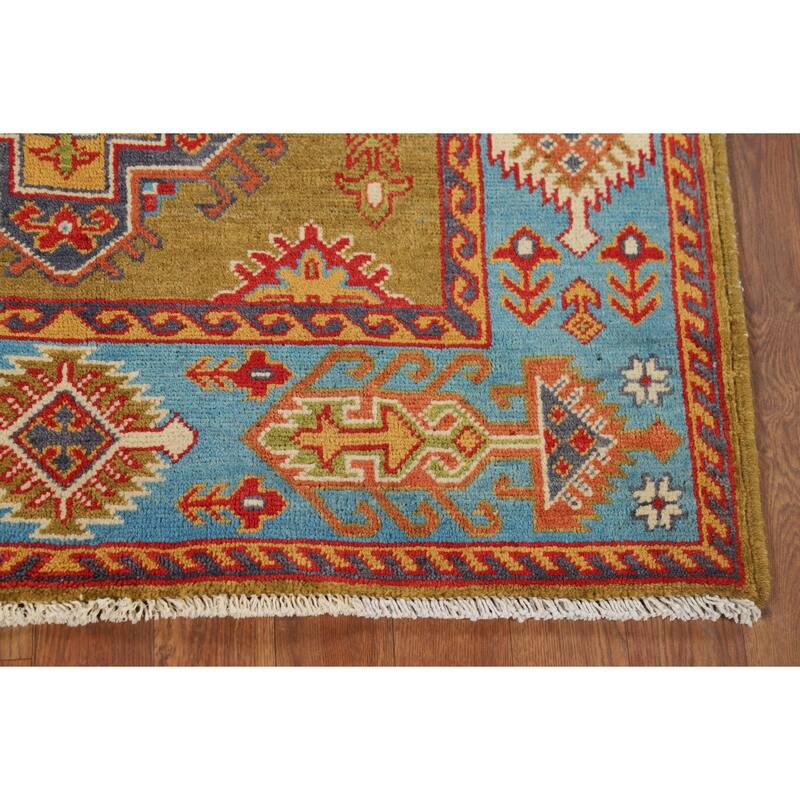 Kazak Accent Rug Handmade Yellow Geometric Wool Carpet - 3'4" x 4'10"