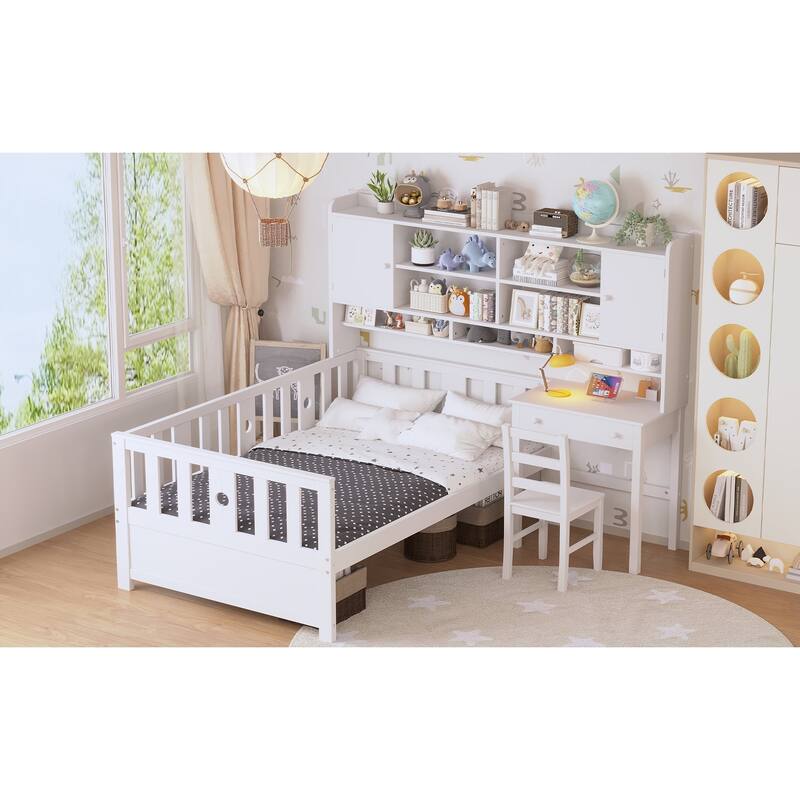 Twin Size Multifunctional Wood Platform Bed with Bookshelf,Built-in Desk and Matching Chair