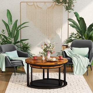 Stylish Round Coffee Table Set Nesting Coffee Tables with Metal Frame ...