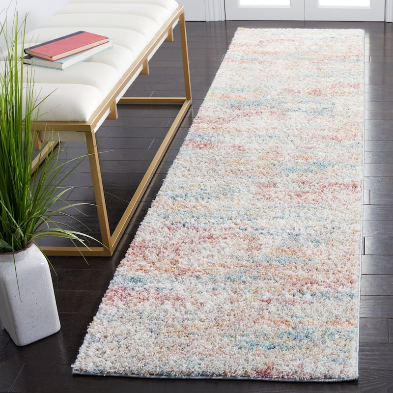 SAFAVIEH Calista Shag Anthea Abstract 1-inch Thick Rug - 2'3" x 9' Runner - Ivory/Beige