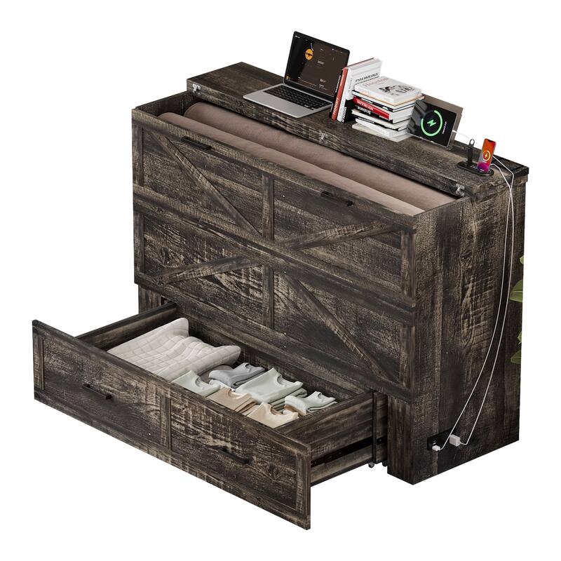 Queen Murphy Bed with Charging Station & Large Storage Drawer, Farmhouse Cabinet Hideaway Bed for Guest Room