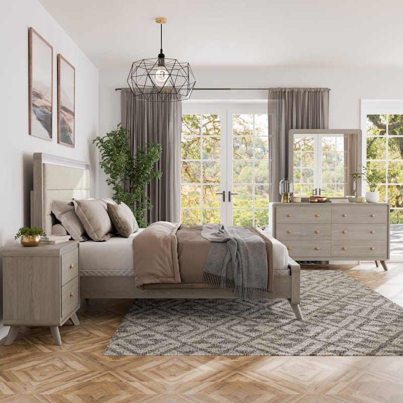 Furniture of America Thaila Modern 4-Piece Grey Wood Upholstered Panel Bedroom Set with LED on Headboard - Queen