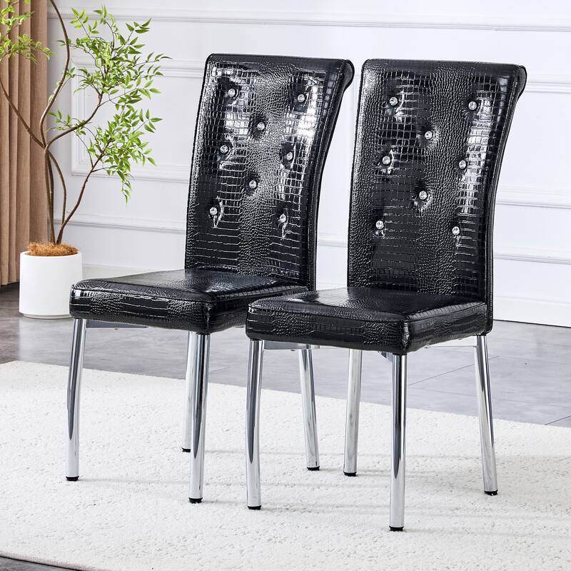Set of 2 Retro alligator skin Upholstered dining chairs,with Crystal buckle design and Faux Leather design, metal legs