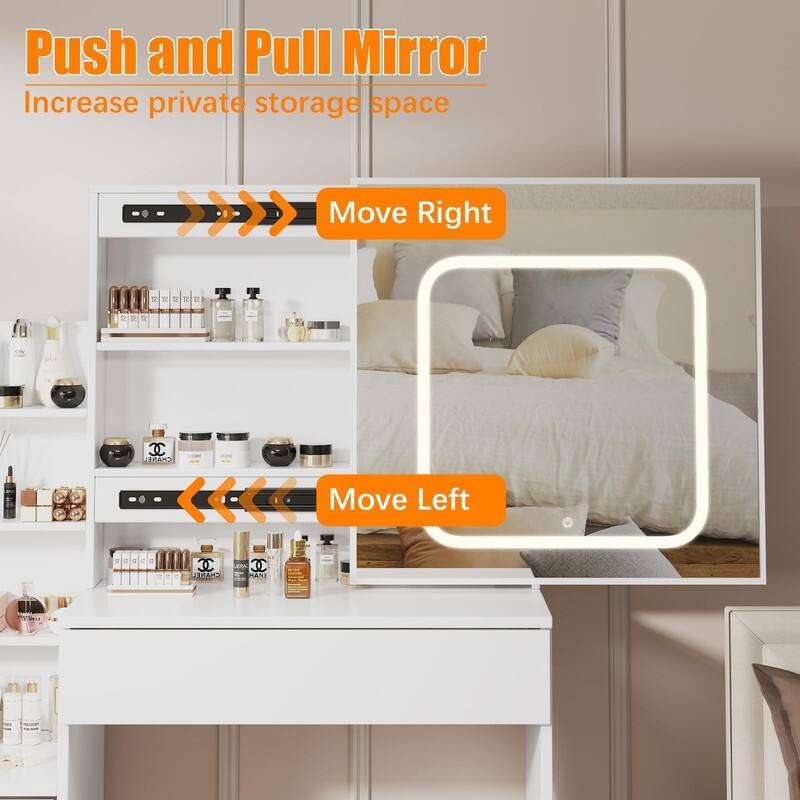 Vanity Desk with Sliding Mirror, Charging Station, 4 Drawers, Shelves, Stool