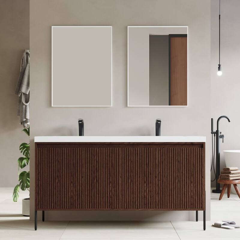 Ripple 60" Bathroom Vanity Set - Walnut - Double White Sink