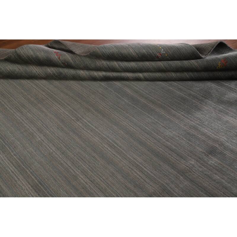 Striped Green Gabbeh Area Rug Hand-Knotted Wool Carpet - 8'10"x 11'8"