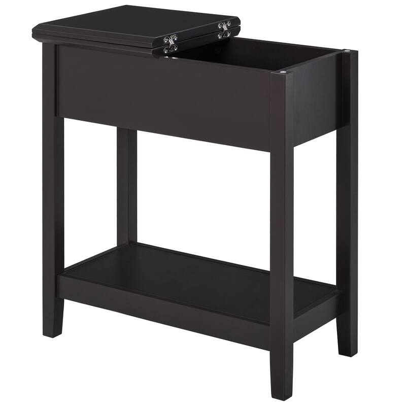 Narrow Side Table with Flip Top with Bottom Shelf, Dark Coffee