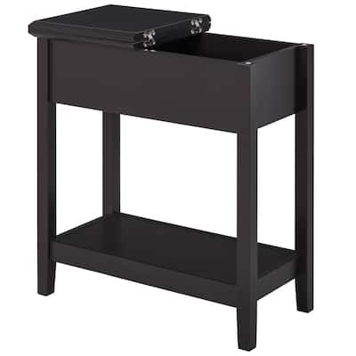 Narrow Side Table with Flip Top with Bottom Shelf, Dark Coffee