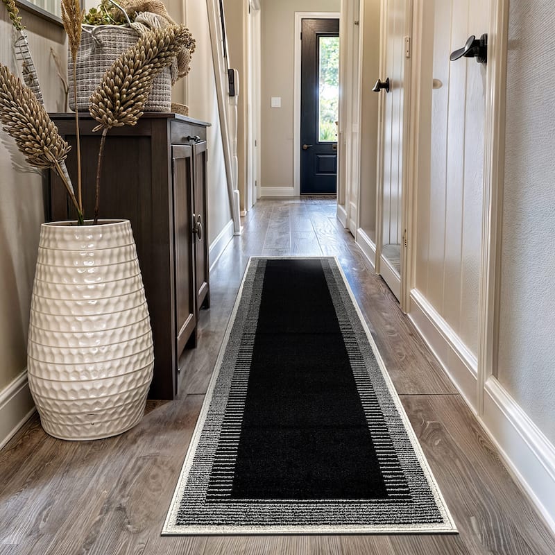 World Rug Gallery Modern Abstract Bordered Area Rug for Living Room, Bedroom, or Entryway - Low Pile Indoor Rug - Black - Runner - 2'3" x 12'