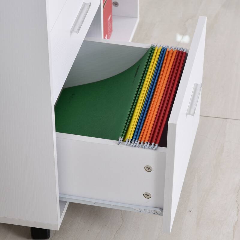 HOMCOM Indoor Office Storage Cabinet with 3 Storage Drawers, Open Shelving, & Wheels