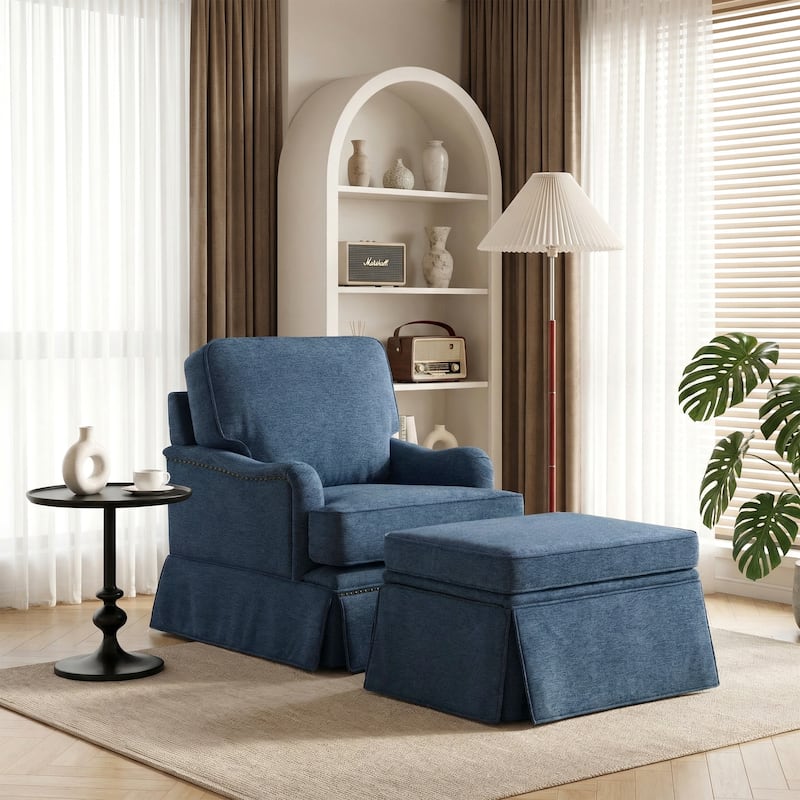 Skirted Swivel Accent Nailhead Barrel Chair With Storage Ottoman Set