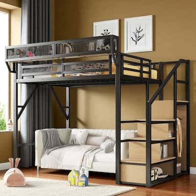 Full/Queen Metal Loft Bed with Storage Shelves, Staircase Wardrobe, High Loft Frame for Kids Teens, No Box Spring Needed