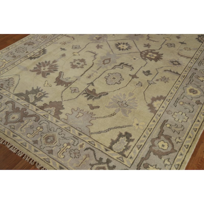 Earth Tone Oushak Indian Area Rug Hand-Knotted Beige Wool Carpet - 6'2" x 8'10"