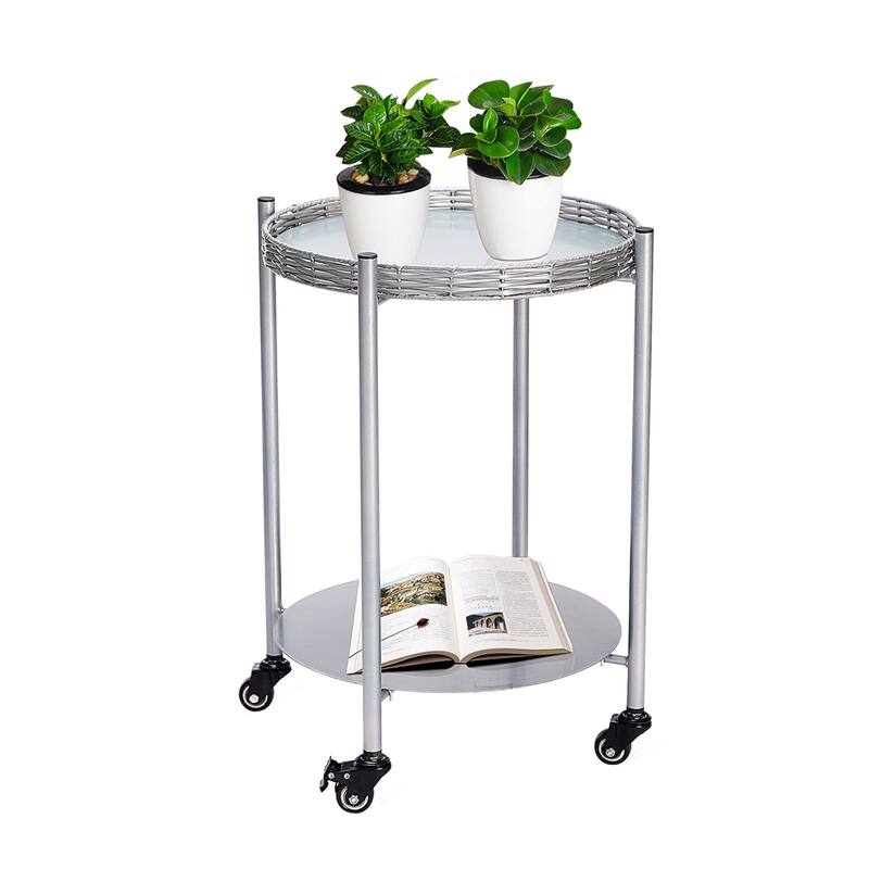 Round Coffee Table with Wheels 2-Tier Movable Silver Metal Bedside Nightstand Sofa Side Table