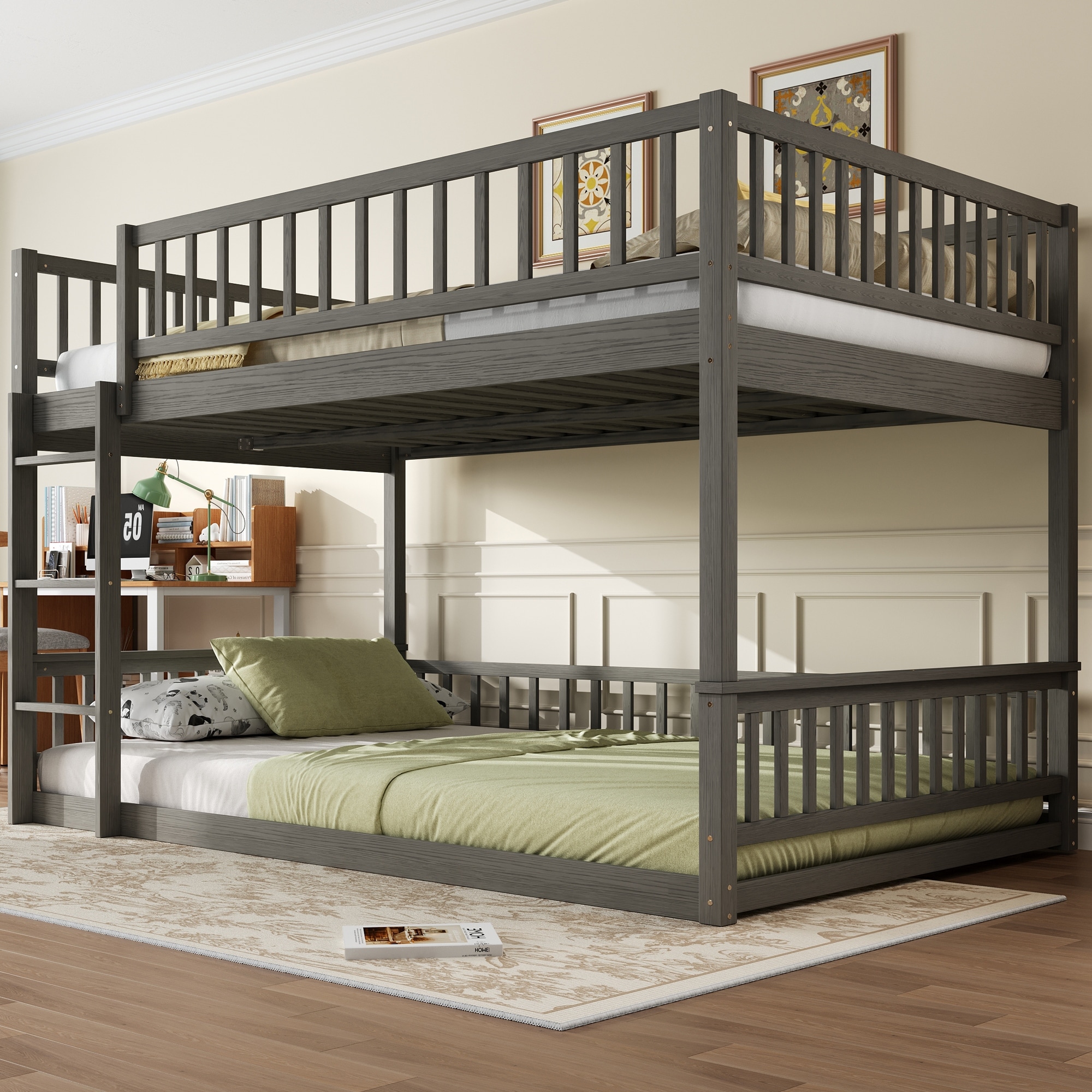 GDFStudio - Solid Wood Queen over Queen Bunk Bed with Ladder & Guardrails