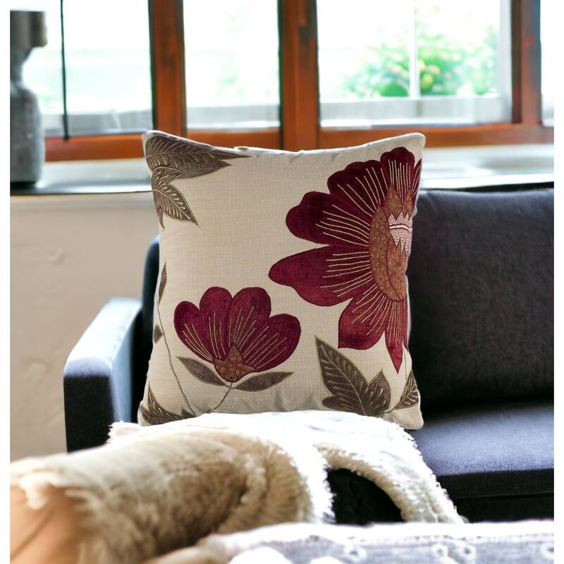 HomeRoots 18" Beige and Red Floral Throw Pillow With Embroidery