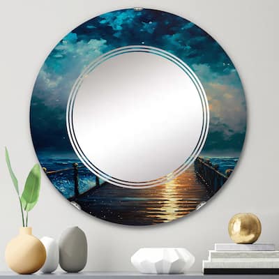 Designart 'Light At The End Of The Pier During Stormy Night I' Printed Landscape Cottage Lake Mountains Wall Mirror
