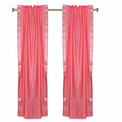 Pink Rod Pocket Sheer Sari Curtains w/ Silver Border-Pair