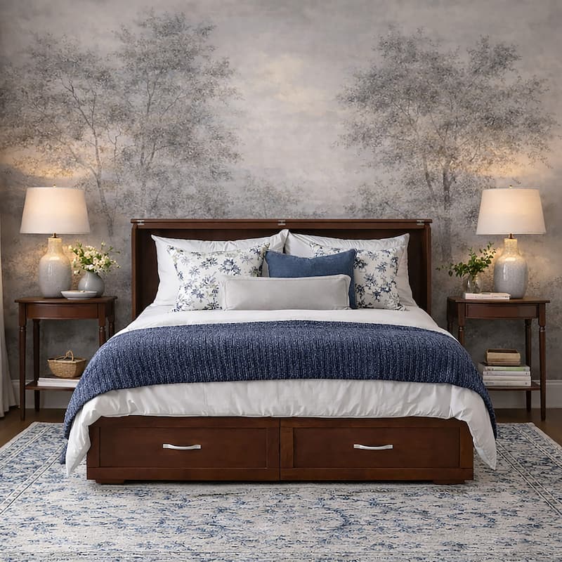 Hamilton Queen Murphy Bed Chest with 6" Mattress, Storage Drawer & Built-In Charger in Walnut