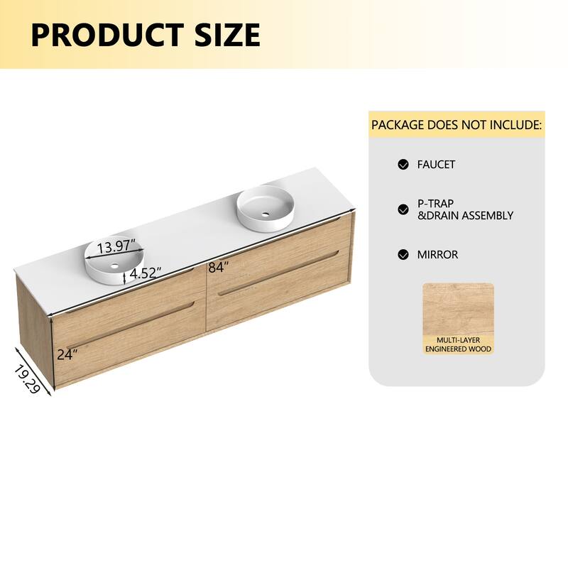 84" Solid Wood Bathroom Vanity with White Quartz Countertop Ceramic Vessel Sink