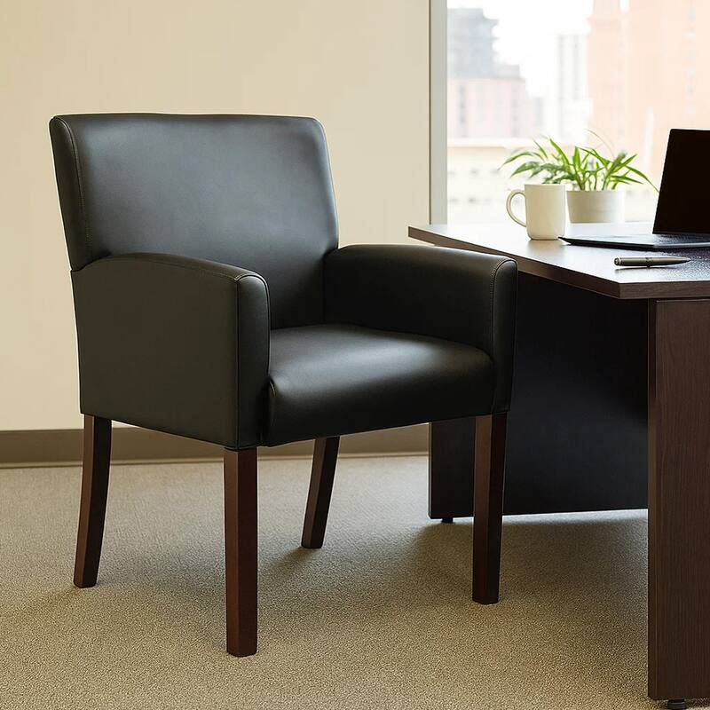 Nick Reception Guest Armchair, Soft Black Vinyl, Mahogany Brown Finish