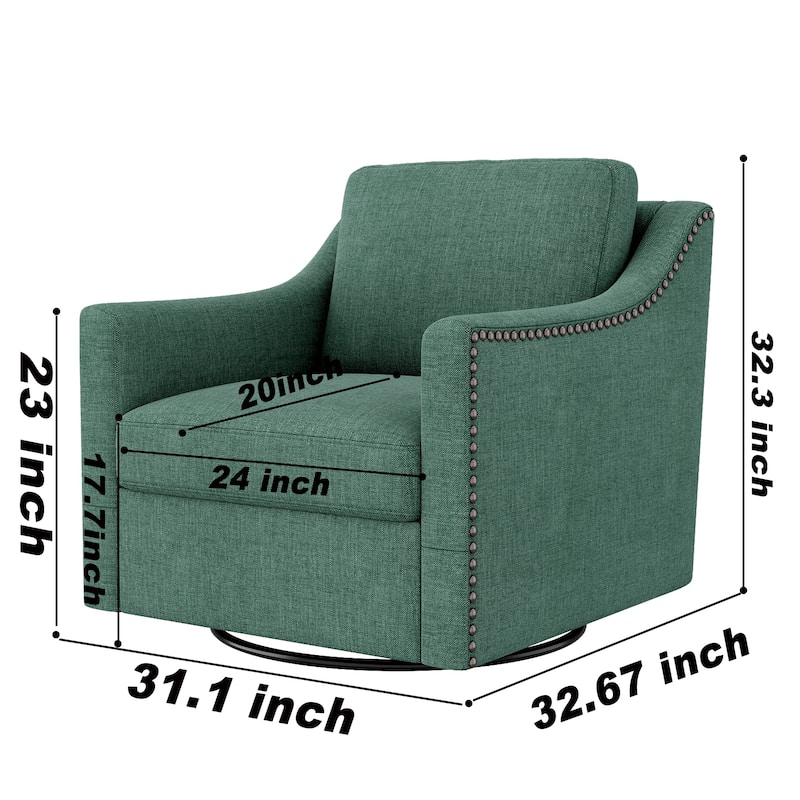 Swivel Barrel Chair, Linen Upholstered Accent Armchair with Ergonomic Design & Brass Nailhead Trim for Living Room, Bedroom