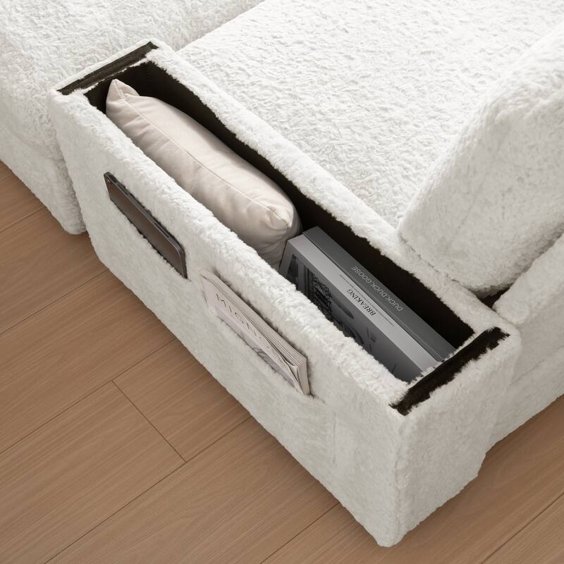 42" Oversized Indoor Chaise Lounge in Beige Faux Fur, Convertible Sofa Bed with Storage & Cup Holder