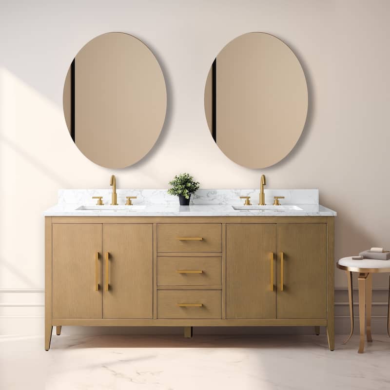 Vanity Art 72" Double Sink Bathroom Vanity Cabinet with Engineered Marble Top - 72"/Golden Brushed Handle - Natural Oak