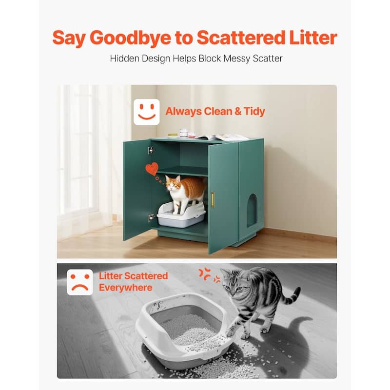 Dark Green P2 Particle Board Cat Litter Box Enclosure with Gold Handles - 31.50 × 19.69 × 31.10 inch