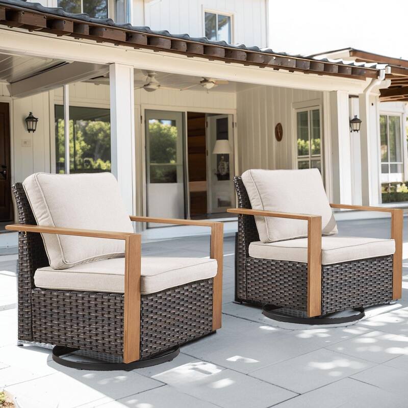 Outdoor Swivel Chair with Thick Cushion - Brwon Wicker Beige Cushion - 2PCS Swivel Chairs