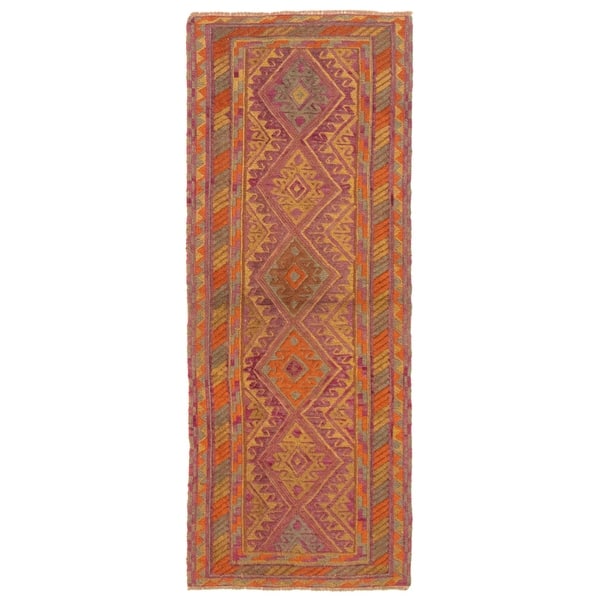 slide 1 of 9, ECARPETGALLERY Hand-knotted Tajik Caucasian Olive, Purple Wool Rug - 2'4 x 6'3 Olive/ Purple - 2'4 x 6'3