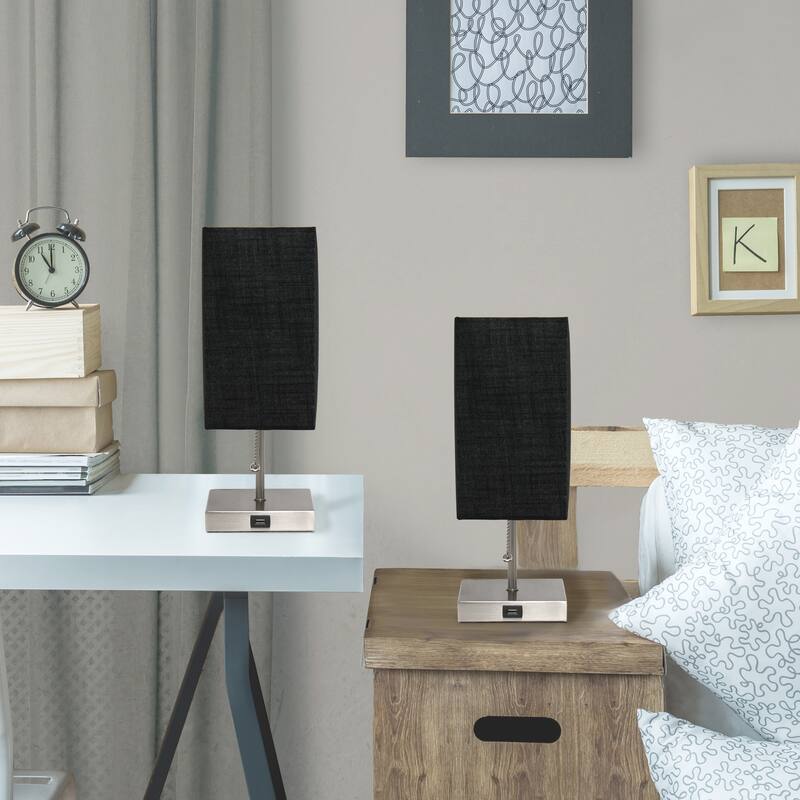 14.25 in. Brushed Steel Finish Table Lamp with Black Shade, Durable Stick Lamp for End/Side Tables, Set of 2