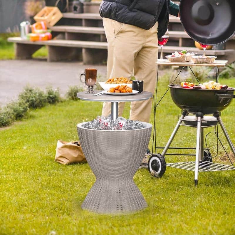 30L Slim Waist Ice Cooler with Convertible Cocktail Table Lid-Rattan-Look Stainless Steel, 8-Gallon Capacity - 30L/8GAL