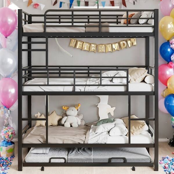 slide 2 of 25, Modern Design Twin Size Metal Triple Bunk Bed With Trundle,Featuring Full-Length Guardrail,Space-Saving,Antique Black Antique Black