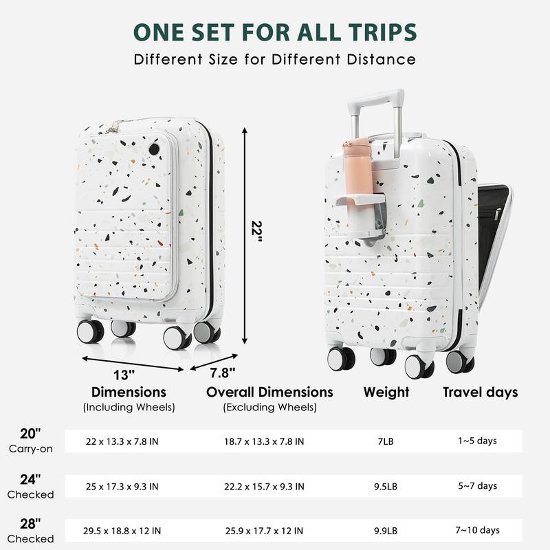 High Quality Front Opening Luggage Sets 3 Piece, ABS+PC Hard Carry on Suitcase with USB Port and Cup Holder & Spinner Wheels