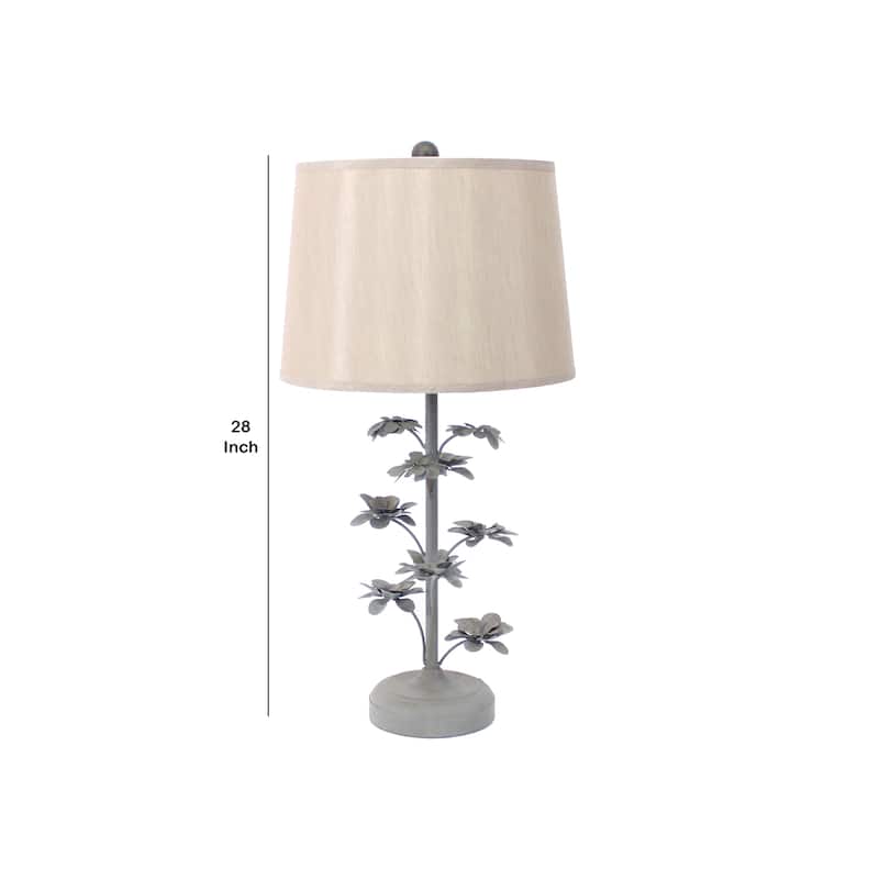 Flower Tree Design Metal Table Lamp Set of 2 with Tapered Drum Shade, Gray and Beige
